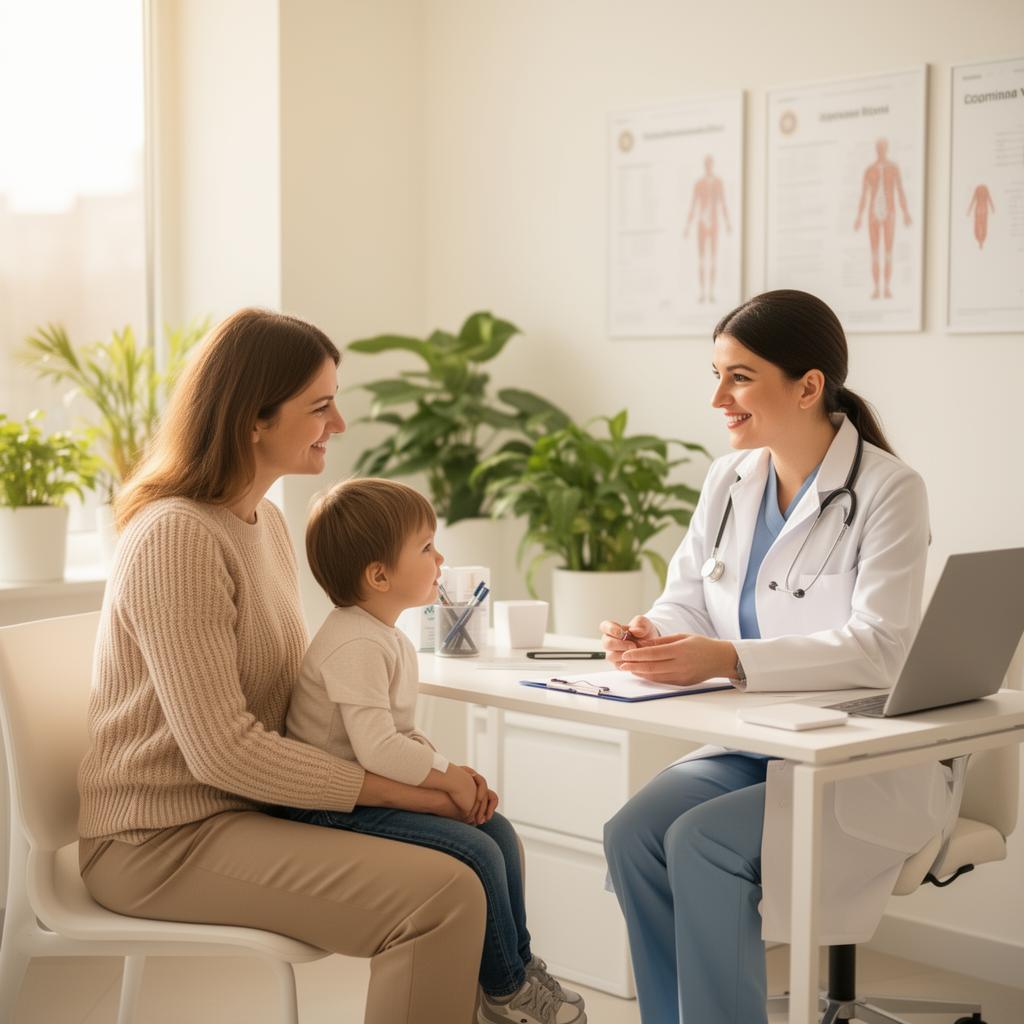 Medic primind o familie cu copil într-un cabinet luminos